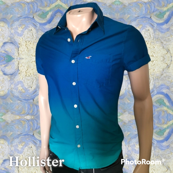 🆕 Hollister Co. Short Sleeve Button Down Shirt Ombré Dip Dye Roll Sleeve XS - Picture 1 of 8